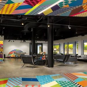 Lobby and coworking lounge at Hotel Studio Allston.