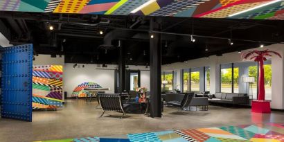 Lobby and coworking lounge at Hotel Studio Allston.