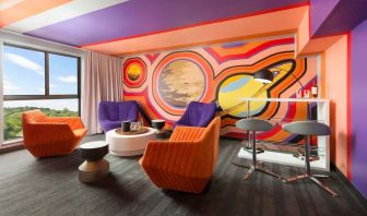 Bold design in the living room curated by talented artists at Hotel Studio Allston.