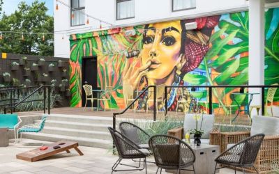Courtyard perfect for coworking at Hotel Studio Allston.