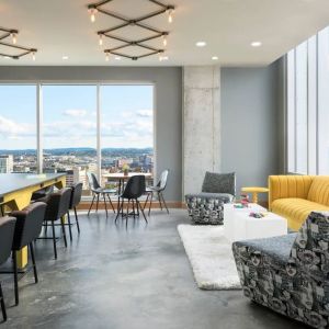 Dining area perfect for coworking at Moxy Boston Downtown.