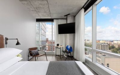 Day use room with a view of the city at Moxy Boston Downtown.