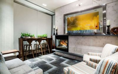 Lobby and coworking lounge at Hilton Garden Inn New York/West 35th Street.
