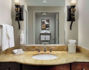 Private guest bathroom with free toiletries at Homewood Suites By Hilton Shreveport / Bossier City, LA.