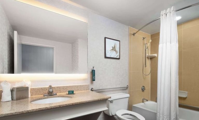 Private guest bathroom with combined shower and tub at DoubleTree By Hilton Hartford - Bradley Airport.