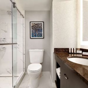 Private guest bathroom with shower at Embassy Suites By Hilton Santa Clara Silicon Valley.
