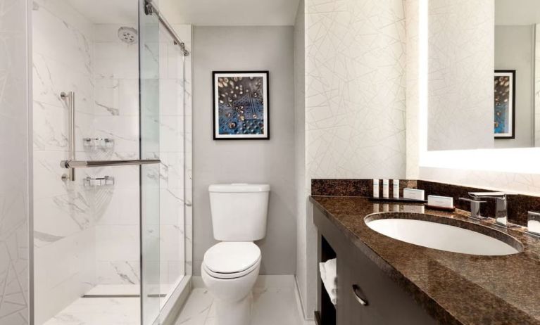 Private guest bathroom with shower at Embassy Suites By Hilton Santa Clara Silicon Valley.