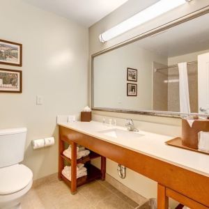 Private guest bathroom with shower at Comfort Inn Pomona Near Fairplex.