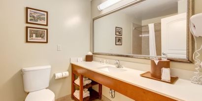 Private guest bathroom with shower at Comfort Inn Pomona Near Fairplex.