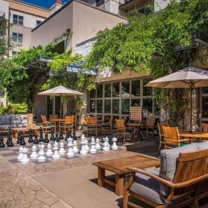 Outdoor garden and coworking space at Hilton San Antonio Hill Country.