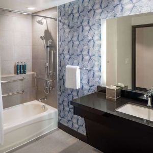 Guest bathroom with shower and tub at Hilton San Antonio Hill Country.
