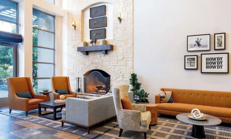 Lobby and coworking lounge at Hilton San Antonio Hill Country.