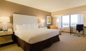 Delux king room with work desk and natural light at Hilton Los Angeles Airport.