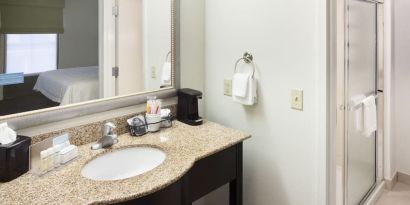 Private guest bathroom at Hampton Inn & Suites Gainesville-Downtown.