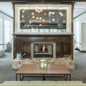 Lobby lounge area with fireplace at Hilton Garden Inn Dothan.