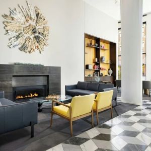 Lobby and coworking space with fire place at Le Méridien Columbus, The Joseph.