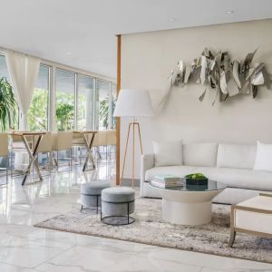 Lobby lounge and workspace at The Altair Hotel Bay Harbor.