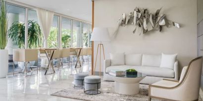 Lobby lounge and workspace at The Altair Hotel Bay Harbor.