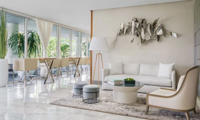Lobby lounge and workspace at The Altair Hotel Bay Harbor.