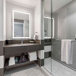 Private guest bathroom with shower and free toiletries at The Rose Hotel Chicago O’Hare, Tapestry Collection By Hilton.
