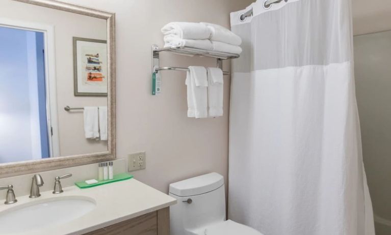 Private guest bathroom with shower and free toiletries at Sea Crest Beach Hotel.