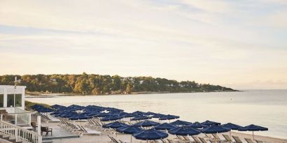 Beach lounge chairs at Sea Crest Beach Hotel.