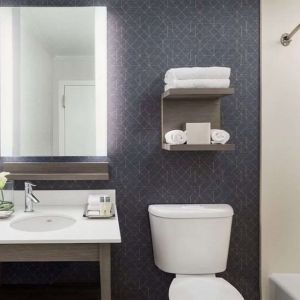 Private guest bathroom with combined shower and tub at Hotel Caza.