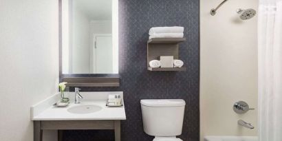 Private guest bathroom with combined shower and tub at Hotel Caza.