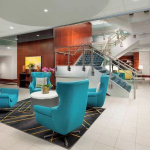 Hotel lobby at Courtyard Boston Cambridge.