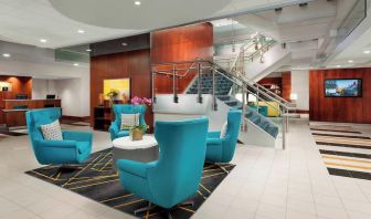 Hotel lobby at Courtyard Boston Cambridge.