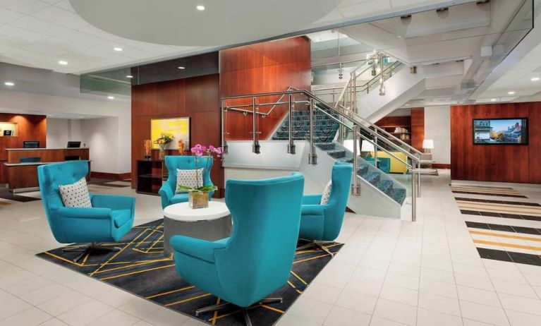 Hotel lobby at Courtyard Boston Cambridge.