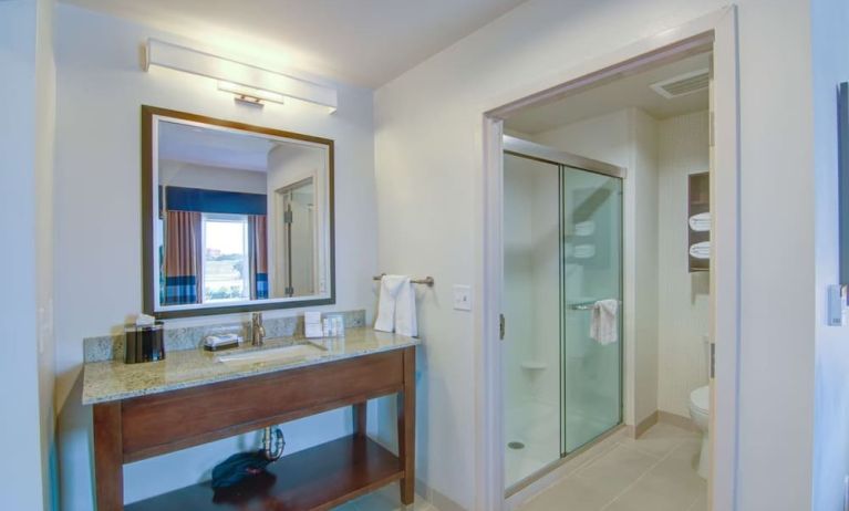 Private guest bathroom with shower and free toiletries at Hampton Inn & Suites Trophy Club - Fort Worth North, TX.