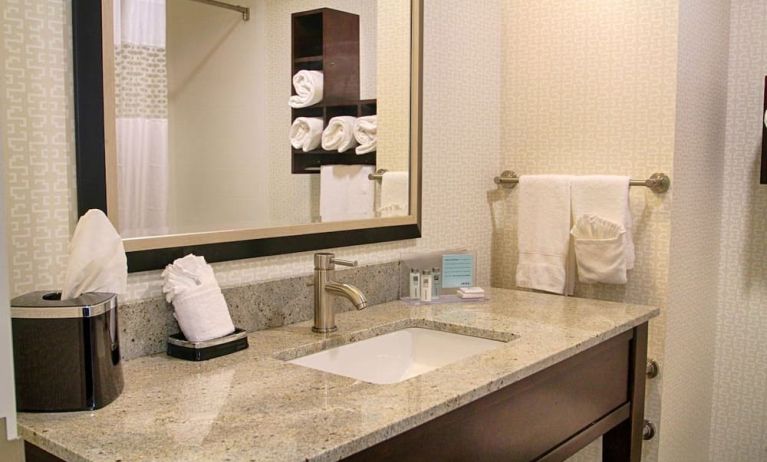 Private guest bathroom with shower and free toiletries at Hampton Inn & Suites Trophy Club - Fort Worth North, TX.