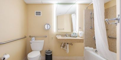Private guest bathroom with combined shower and tub at Wyndham Omaha.