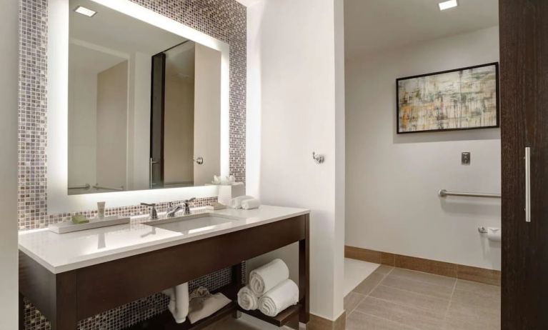 Private guest bathroom with free toiletries at Hilton Dallas/ Plano Granite Park.