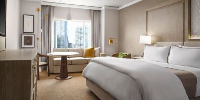 Delux king room with TV and work space at The Westin Philadelphia.