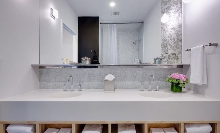 Private guest bathroom with shower and free toiletries at Nu Hotel - Brooklyn.
