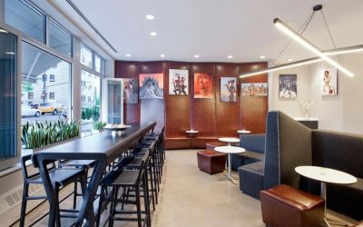 Lobby lounge area and workspace at Nu Hotel - Brooklyn.