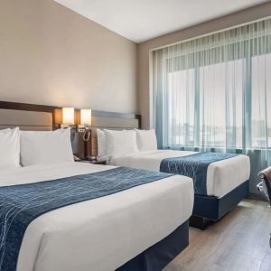 Day use twin room with large windows, work desk and private bathroom at Comfort Inn Prospect Park-Brooklyn.