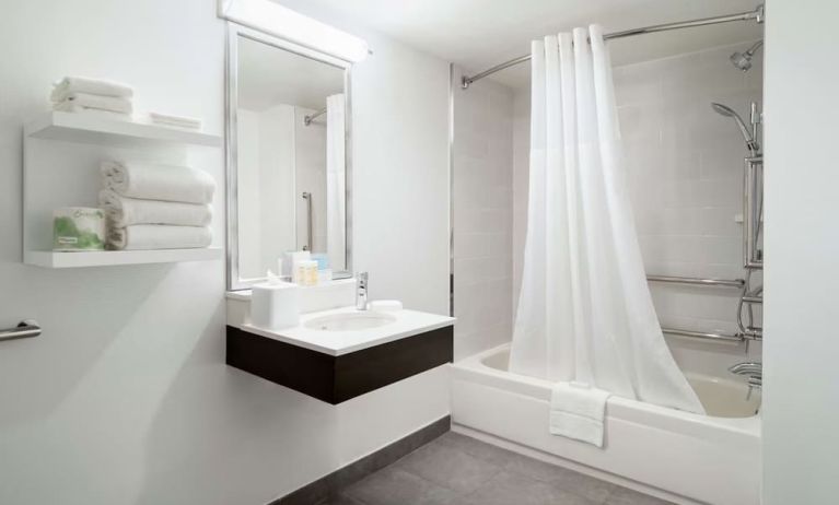 Private guest bathroom with combine shower and tub at Hampton Inn Manhattan Chelsea.