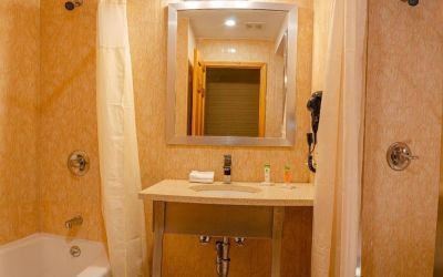 Private guest bathroom with combined shower and tub at Elmhurst Hotel.