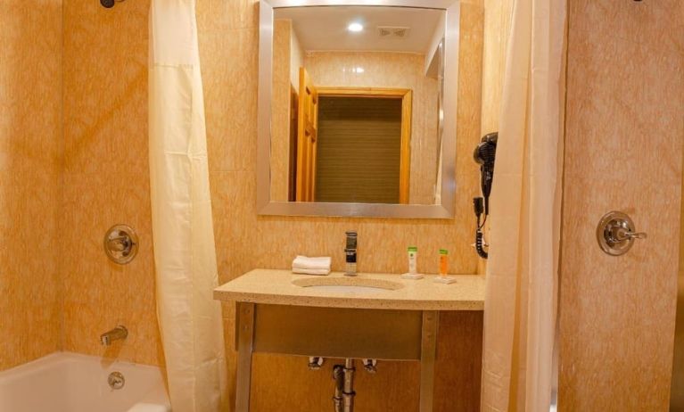 Private guest bathroom with combined shower and tub at Elmhurst Hotel.