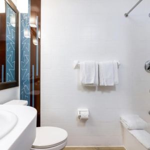 Private guest bathroom with combined shower and tub at Regency Miami Airport By Sonesta.