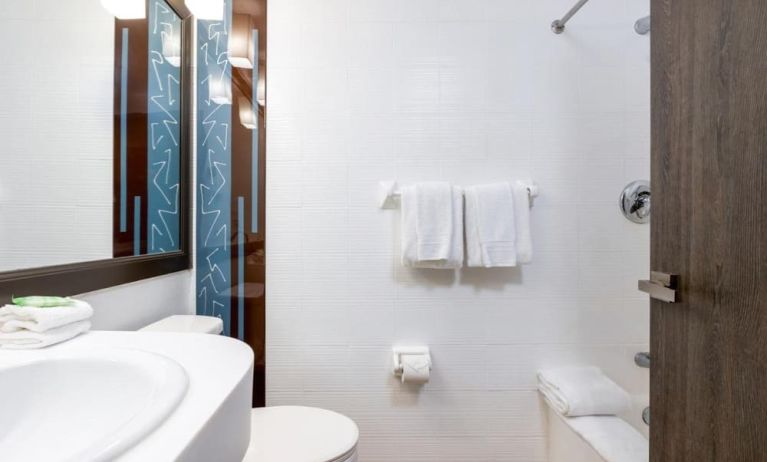 Private guest bathroom with combined shower and tub at Regency Miami Airport By Sonesta.
