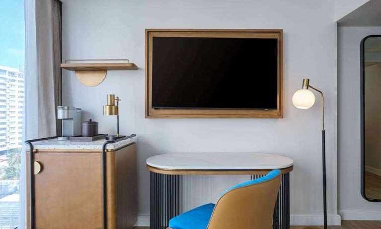 Day use room's workspace with coffee maker and mini-bar at Hyatt Centric Miami South Beach.