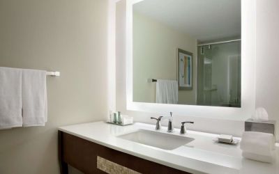 Private guest bathroom with shower and free toiletries at Hilton Miami Airport Blue Lagoon.