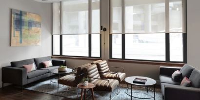 Lobby and coworking lounge at The Boxer Boston.