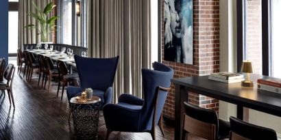 Dining area perfect for coworking at The Boxer Boston.