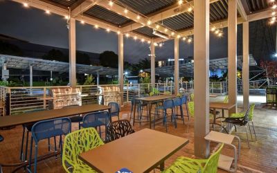 Outdoor seating at Home2 Suites By Hilton San Francisco Airport North.