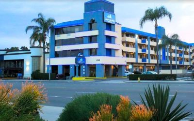 Hotel exterior at Capri Suites Anaheim.